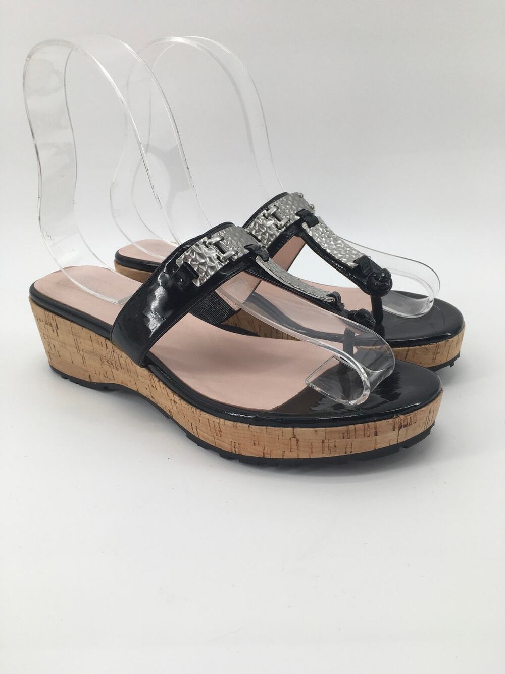Taryn Rose Nelly Womens 8.5 Black Cork Platform Thong Sandals Metallic Going Out